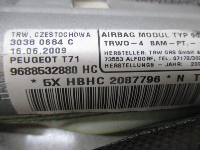 ZRACNA BLAZINA GLAVA DESNA OEM N. 9688532880 ORIGINAL REZERVNI DEL PEUGEOT 308 4A 4B 4C 4E 4H MK1 BER/SW/CC (2007 - 2013) DIESEL LETNIK 2009