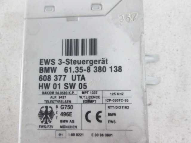 RACUNALNIK AVTOALARMA/BLOKADA MOTORJA OEM N. 8380138 ORIGINAL REZERVNI DEL BMW SERIE 5 E39 BER/SW (1995 - 08/2000) DIESEL LETNIK 1998