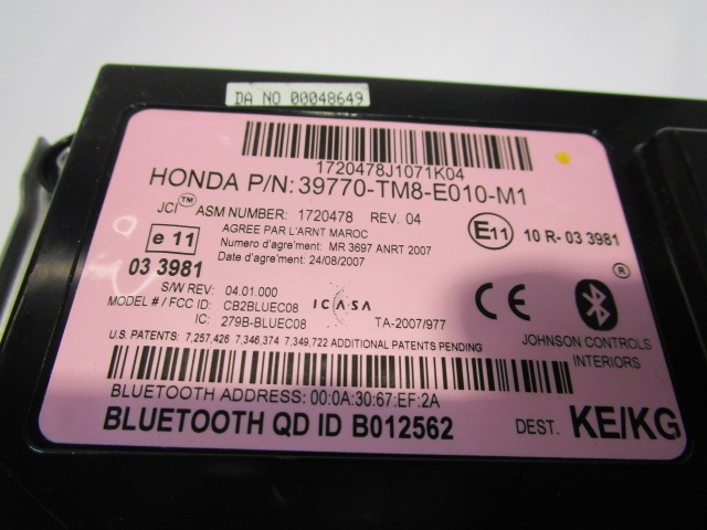 RACUNALNIK TELEFONA  OEM N. 39770-TM8-E010-M1 ORIGINAL REZERVNI DEL HONDA INSIGHT ZE MK2 (2009 - 10/2013) IBRIDO (ELETRICO-BENZINA) LETNIK 2009