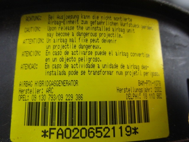 KIT AIRBAG KOMPLET OEM N. 16842 KIT AIRBAG COMPLETO ORIGINAL REZERVNI DEL OPEL MERIVA A X03 (2003 - 2006) DIESEL LETNIK 2004