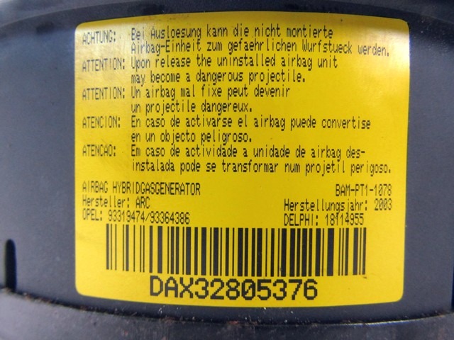 KIT AIRBAG KOMPLET OEM N. 17205 KIT AIRBAG COMPLETO ORIGINAL REZERVNI DEL OPEL MERIVA A X03 (2003 - 2006) DIESEL LETNIK 2005