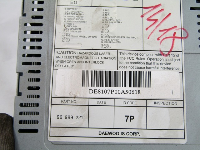 RADIO CD / OJACEVALNIK / IMETNIK HIFI OEM N. 96989221 ORIGINAL REZERVNI DEL CHEVROLET AVEO MK1 T250 (2006 - 2011) BENZINA/GPL LETNIK 2010