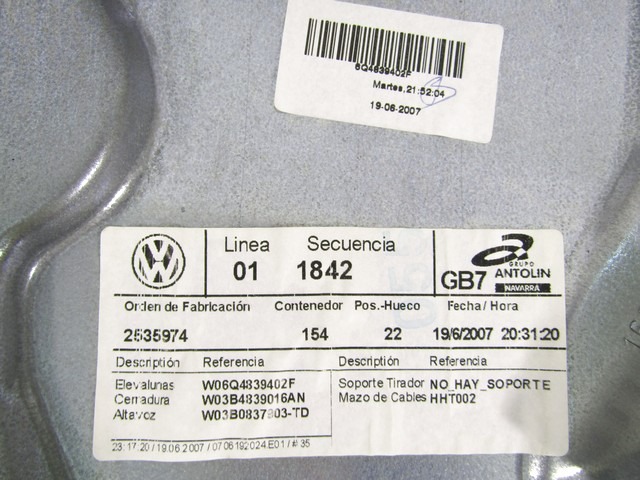 ROCNI SISTEM ZA DVIGOVANJE ZADNJEGA STEKLA  OEM N. 6Q4839462D ORIGINAL REZERVNI DEL VOLKSWAGEN POLO 9N R (2005 - 10/2009) DIESEL LETNIK 2007