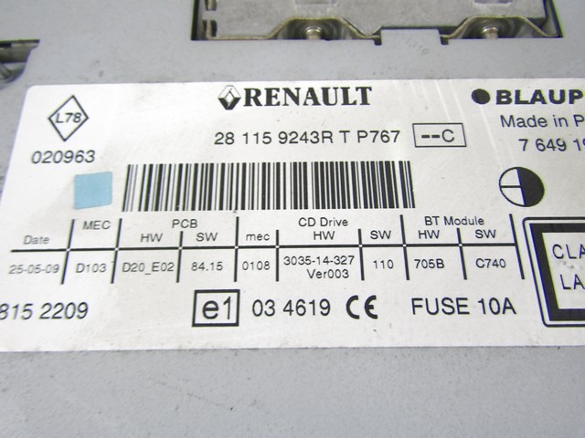 REZERVNI DELI, RADIJSKO-NAVIGACIJSKE NAPRAVE OEM N. 31555 Sistema di navigazione satelittare ORIGINAL REZERVNI DEL RENAULT SCENIC XMOD / SCENIC JZ0/1 MK3 (2009 - 2012) DIESEL LETNIK 2009