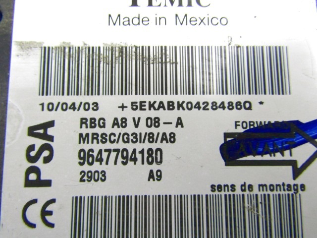 KIT AIRBAG KOMPLET OEM N. 9647794180 ORIGINAL REZERVNI DEL CITROEN C3 / PLURIEL MK1 (2002 - 09/2005) DIESEL LETNIK 2003