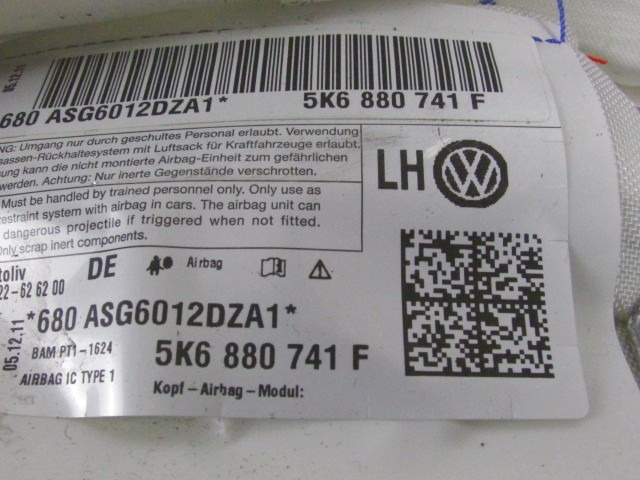 ZRACNA BLAZINA GLAVA LEVA OEM N. 5K6880741F ORIGINAL REZERVNI DEL VOLKSWAGEN GOLF VI 5K1 517 AJ5 MK6 (2008-2012) BENZINA LETNIK 2012