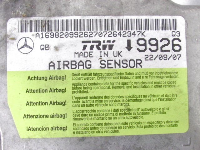 KIT AIRBAG KOMPLET OEM N. A1698209926 ORIGINAL REZERVNI DEL MERCEDES CLASSE A W169 5P C169 3P (2004 - 04/2008) DIESEL LETNIK 2007