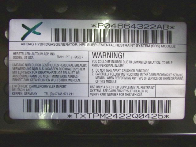 KIT AIRBAG KOMPLET OEM N. 16359 KIT AIRBAG COMPLETO ORIGINAL REZERVNI DEL CHRYSLER PT CRUISER PT (2000 - 2010) BENZINA LETNIK 2002