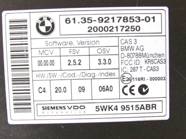 KOMPLET ODKLEPANJE IN VZIG  OEM N. 58252 KIT ACCENSIONE AVVIAMENTO ORIGINAL REZERVNI DEL BMW SERIE 1 BER/COUPE/CABRIO E81/E82/E87/E88 LCI R (2007 - 2013) DIESEL LETNIK 2010