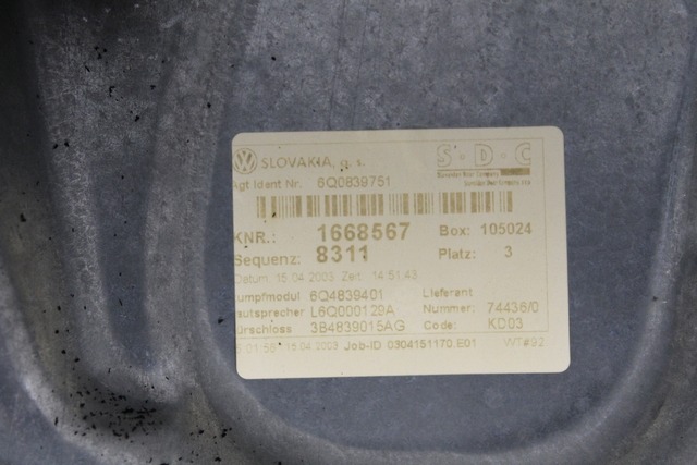 ROCNI SISTEM ZA DVIGOVANJE ZADNJEGA STEKLA  OEM N. 6Q0839751 ORIGINAL REZERVNI DEL VOLKSWAGEN POLO 9N (10/2001 - 2005) DIESEL LETNIK 2003