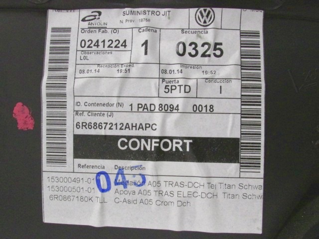 VRATNI PANEL OEM N. PNPDTVWPOLO6R1BR5P ORIGINAL REZERVNI DEL VOLKSWAGEN POLO 6R1 6C1 (06/2009 - 02/2014) BENZINA LETNIK 2014