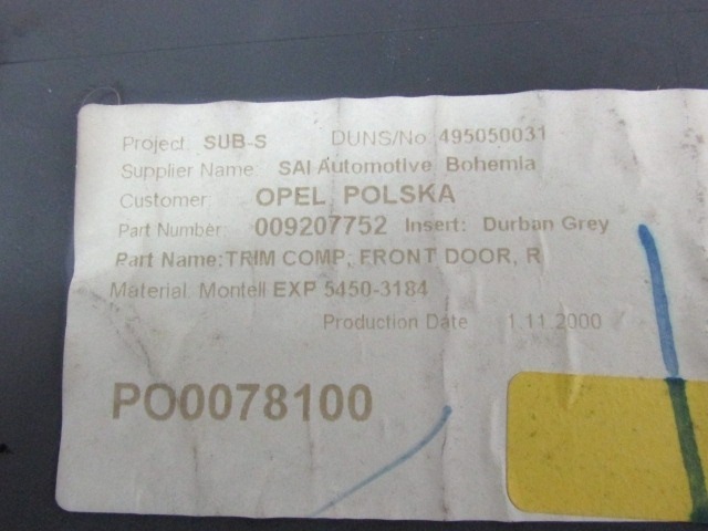 NOTRANJA OBLOGA SPREDNJIH VRAT OEM N. PNADTOPAGILAAH00BR5P ORIGINAL REZERVNI DEL OPEL AGILA A H00 (2000 - 2008) BENZINA LETNIK 2001