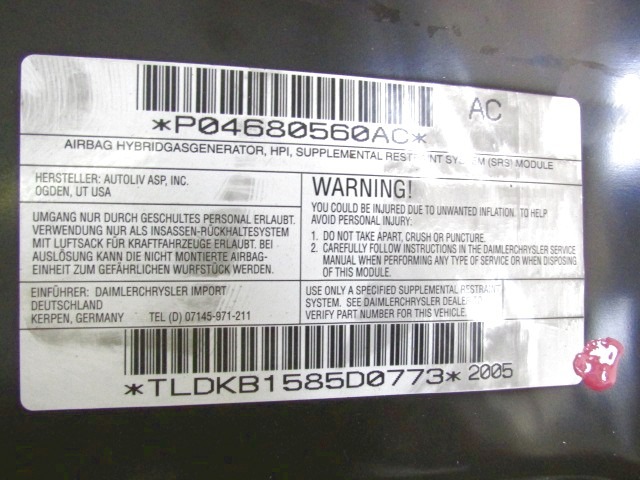 KIT AIRBAG KOMPLET OEM N. 04727374AD ORIGINAL REZERVNI DEL CHRYSLER VOYAGER/GRAN VOYAGER RG RS MK4 (2001 - 2007) DIESEL LETNIK 2006