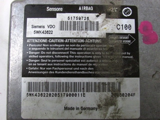 KIT AIRBAG KOMPLET OEM N. 16862 KIT AIRBAG COMPLETO ORIGINAL REZERVNI DEL FIAT MULTIPLA 186 R (2004 - 2010) DIESEL LETNIK 2005