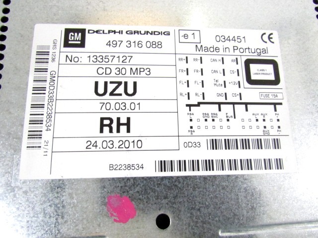 RADIO CD / OJACEVALNIK / IMETNIK HIFI OEM N. 13357127 ORIGINAL REZERVNI DEL OPEL CORSA D R S07 (02/2011 - 2014) BENZINA LETNIK 2012