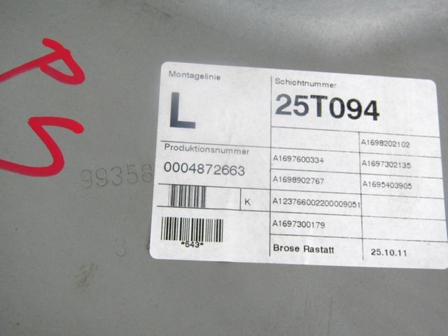 ROCNI SISTEM ZA DVIGOVANJE ZADNJEGA STEKLA  OEM N. A1697300179 ORIGINAL REZERVNI DEL MERCEDES CLASSE A W169 5P C169 3P R (05/2008 - 2012) DIESEL LETNIK 2011