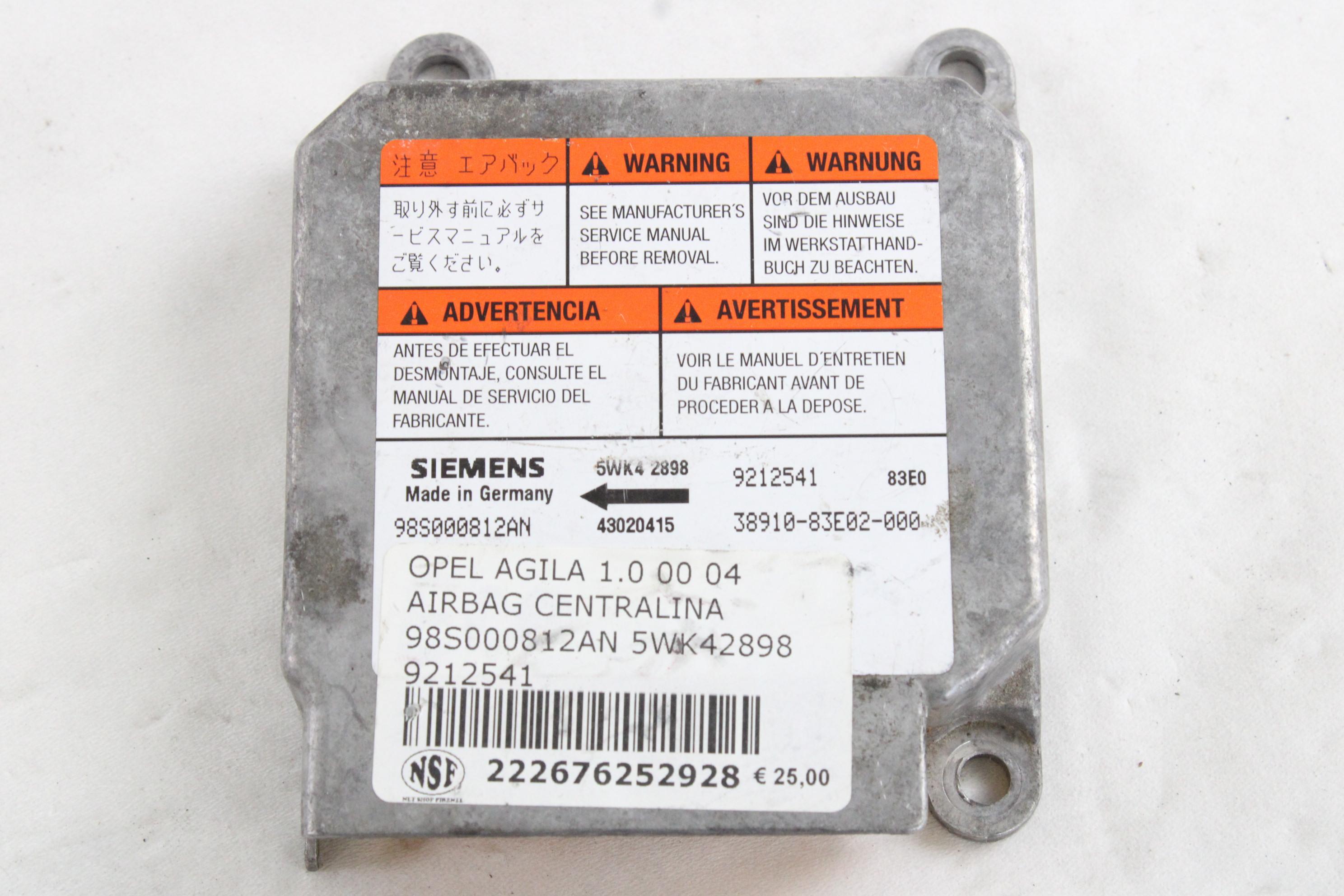 RACUNALNIK AIRBAG OEM N. 3891083E02000 ORIGINAL REZERVNI DEL OPEL AGILA A H00 (2000 - 2008) BENZINA LETNIK 2001