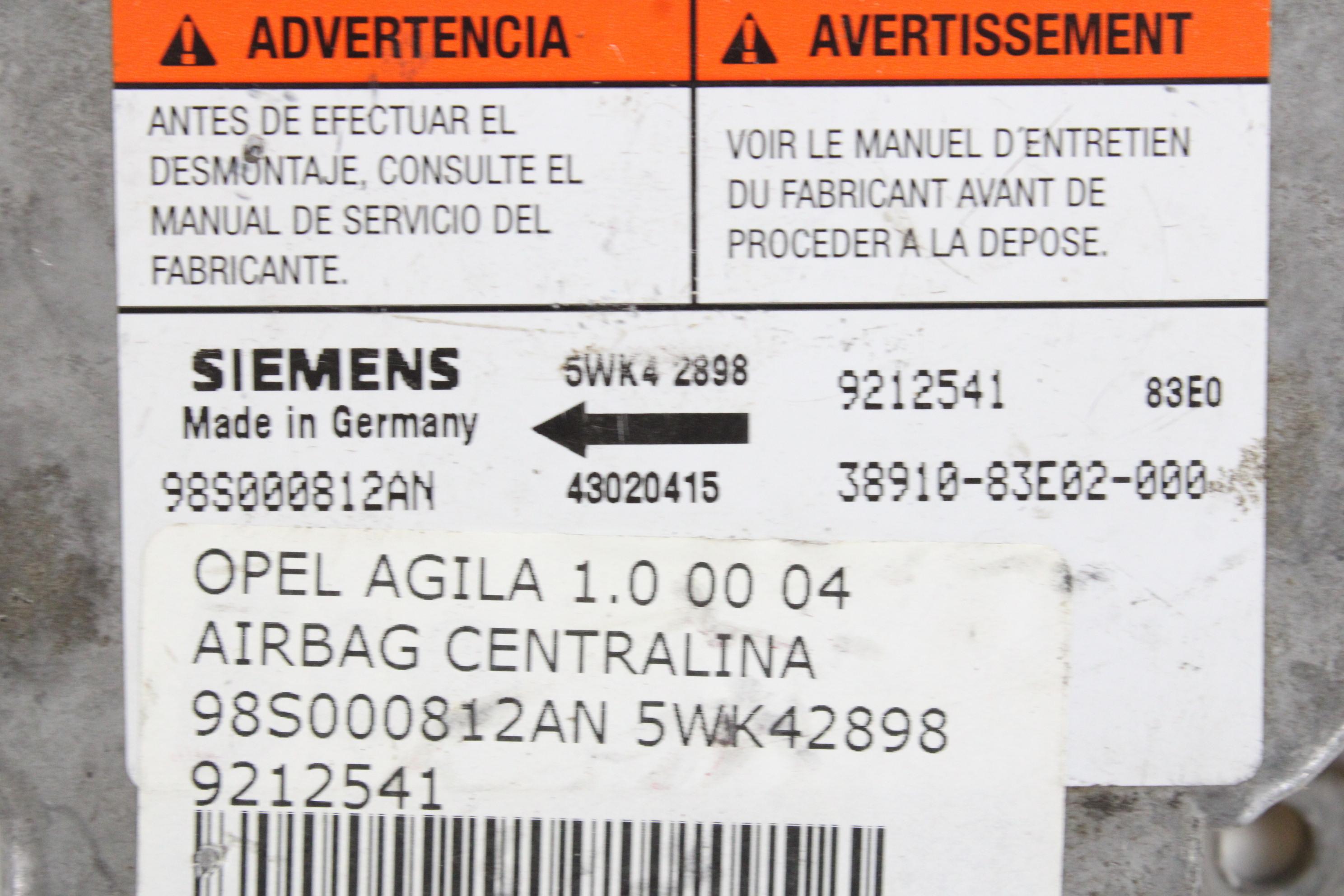 RACUNALNIK AIRBAG OEM N. 3891083E02000 ORIGINAL REZERVNI DEL OPEL AGILA A H00 (2000 - 2008) BENZINA LETNIK 2001