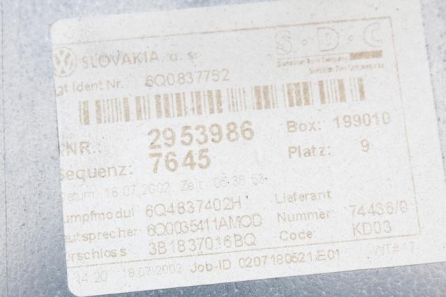 MEHANIZEM DVIGA SPREDNJIH STEKEL  OEM N. 16332 SISTEMA ALZACRISTALLO PORTA ANTERIORE ELETTR ORIGINAL REZERVNI DEL VOLKSWAGEN POLO 9N R (2005 - 10/2009) BENZINA LETNIK 2005