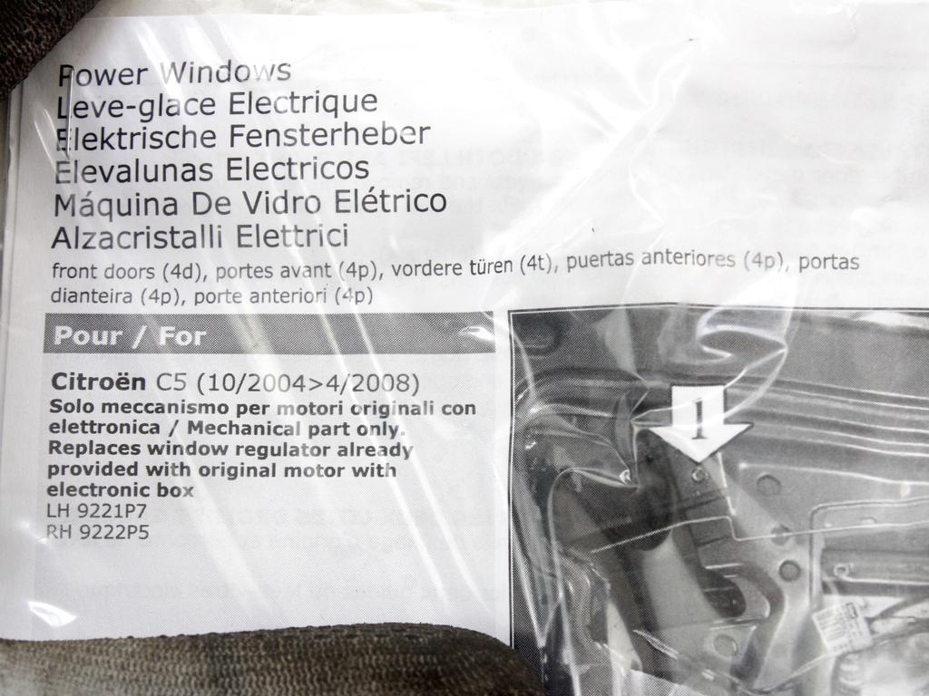 MEHANIZEM VETROBRANSKEGA STEKLA PREDNJIH VRAT OEM N. 9221P7 ORIGINAL REZERVNI DEL CITROEN C5 DC DE MK1 SW (2000 - 2004) DIESEL LETNIK 2004