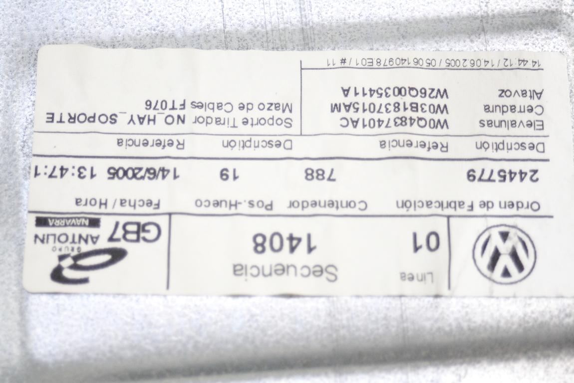 MEHANIZEM DVIGA SPREDNJIH STEKEL  OEM N. 18605 SISTEMA ALZACRISTALLO PORTA ANTERIORE ELETTR ORIGINAL REZERVNI DEL VOLKSWAGEN POLO 9N R (2005 - 10/2009) DIESEL LETNIK 2006