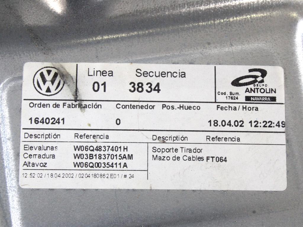 MEHANIZEM VETROBRANSKEGA STEKLA PREDNJIH VRAT OEM N. 6Q4837401H ORIGINAL REZERVNI DEL VOLKSWAGEN POLO 9N (10/2001 - 2005) BENZINA LETNIK 2002