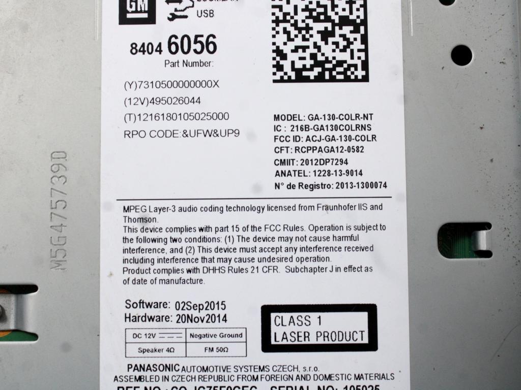 RADIO CD / OJACEVALNIK / IMETNIK HIFI OEM N. 84046056 ORIGINAL REZERVNI DEL OPEL MERIVA B S10 (2010 -2017)DIESEL LETNIK 2016