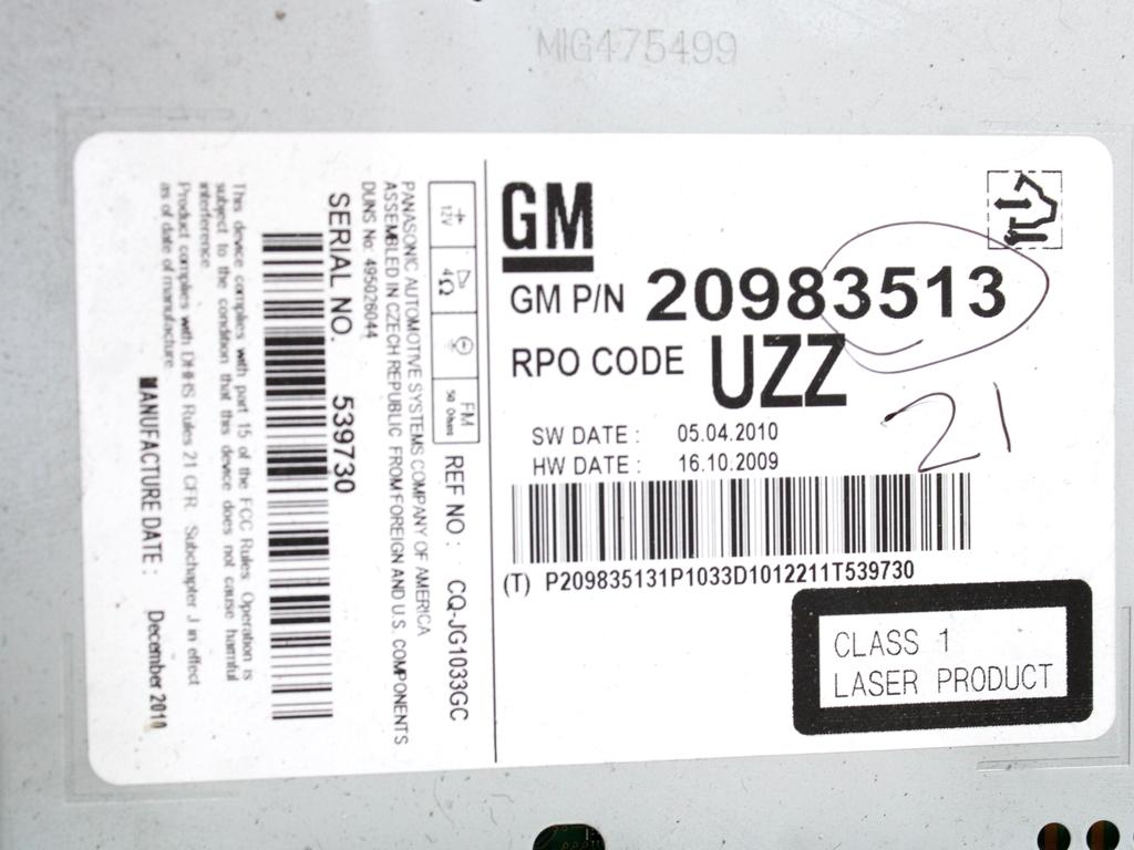 RADIO CD / OJACEVALNIK / IMETNIK HIFI OEM N. 20983513 ORIGINAL REZERVNI DEL OPEL ASTRA J P10 5P/3P/SW (2010 - 2015) DIESEL LETNIK 2011