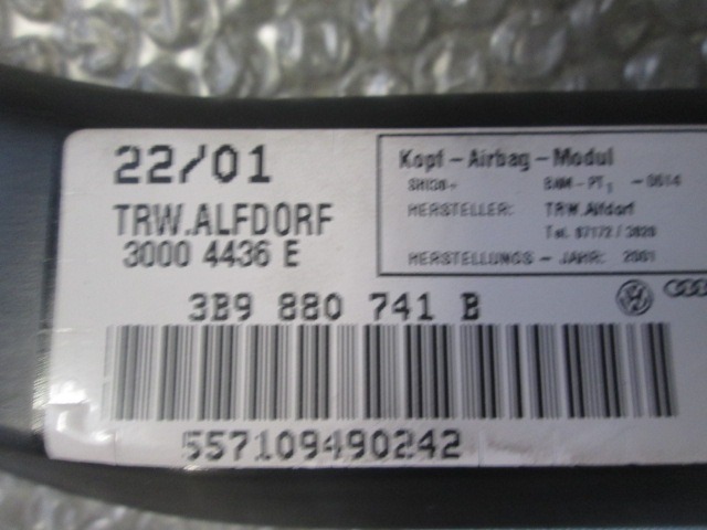 ZRACNA BLAZINA GLAVA LEVA OEM N. 3B9880741B ORIGINAL REZERVNI DEL VOLKSWAGEN PASSAT B5.5 3B3 3B6 3BG R BER/SW (11/2000 - 2005) DIESEL LETNIK 2001