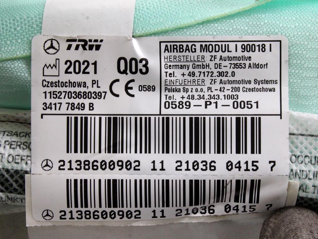 ZRACNA BLAZINA GLAVA LEVA OEM N. A2138600902 ORIGINAL REZERVNI DEL MERCEDES CLASSE E W213 R BERLINA/SW/ALL-TERRAIN (DAL 2020)DIESEL LETNIK 2021