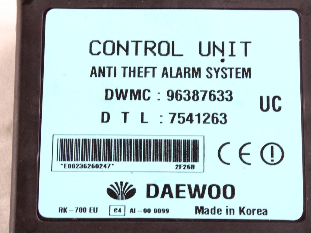 RACUNALNIK AVTOALARMA/BLOKADA MOTORJA OEM N. 96387633 ORIGINAL REZERVNI DEL DAEWOO TACUMA REZZO (2000 - 2009)BENZINA LETNIK 2006