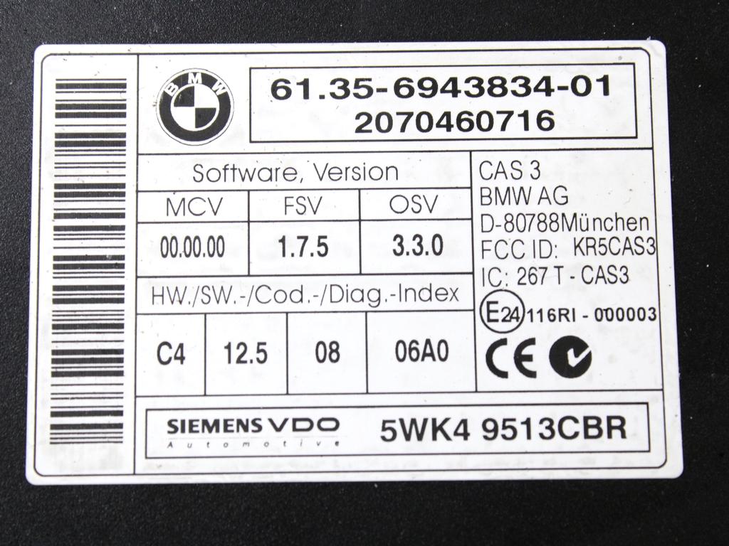 KOMPLET ODKLEPANJE IN VZIG  OEM N. 58303 KIT ACCENSIONE AVVIAMENTO ORIGINAL REZERVNI DEL BMW SERIE 1 BER/COUPE/CABRIO E81/E82/E87/E88 LCI R (2007 - 2013) DIESEL LETNIK 2007