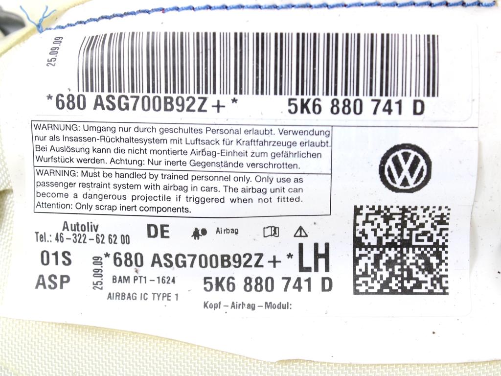 ZRACNA BLAZINA GLAVA LEVA OEM N. 5K6880741D ORIGINAL REZERVNI DEL VOLKSWAGEN GOLF VI 5K1 517 AJ5 MK6 (2008-2012) BENZINA LETNIK 2009