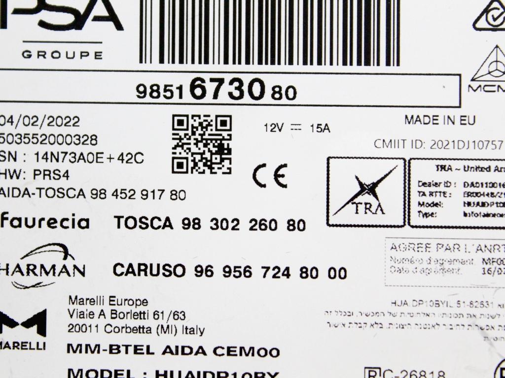 RADIO CD / OJACEVALNIK / IMETNIK HIFI OEM N. 9851673080 ORIGINAL REZERVNI DEL DS DS4 D41 MK2 (DAL 2021)IBRIDO (ELETRICO-BENZINA) LETNIK 2022