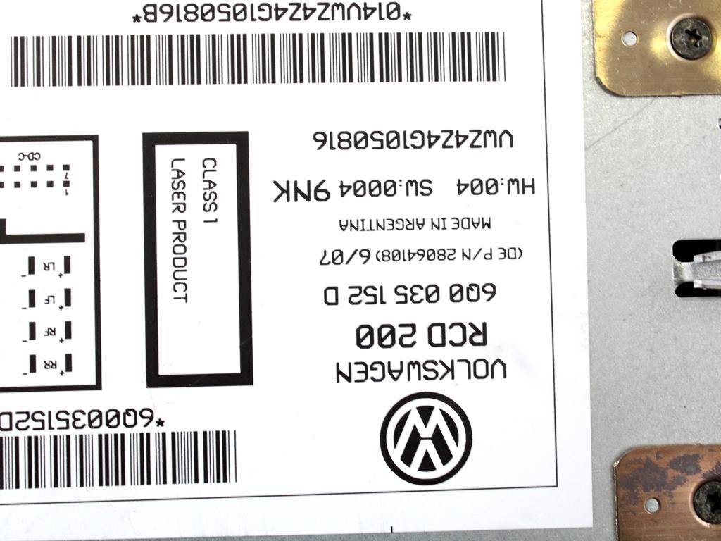 RADIO CD / OJACEVALNIK / IMETNIK HIFI OEM N. 6Q0035152D ORIGINAL REZERVNI DEL VOLKSWAGEN POLO 9N R (2005 - 10/2009) DIESEL LETNIK 2007