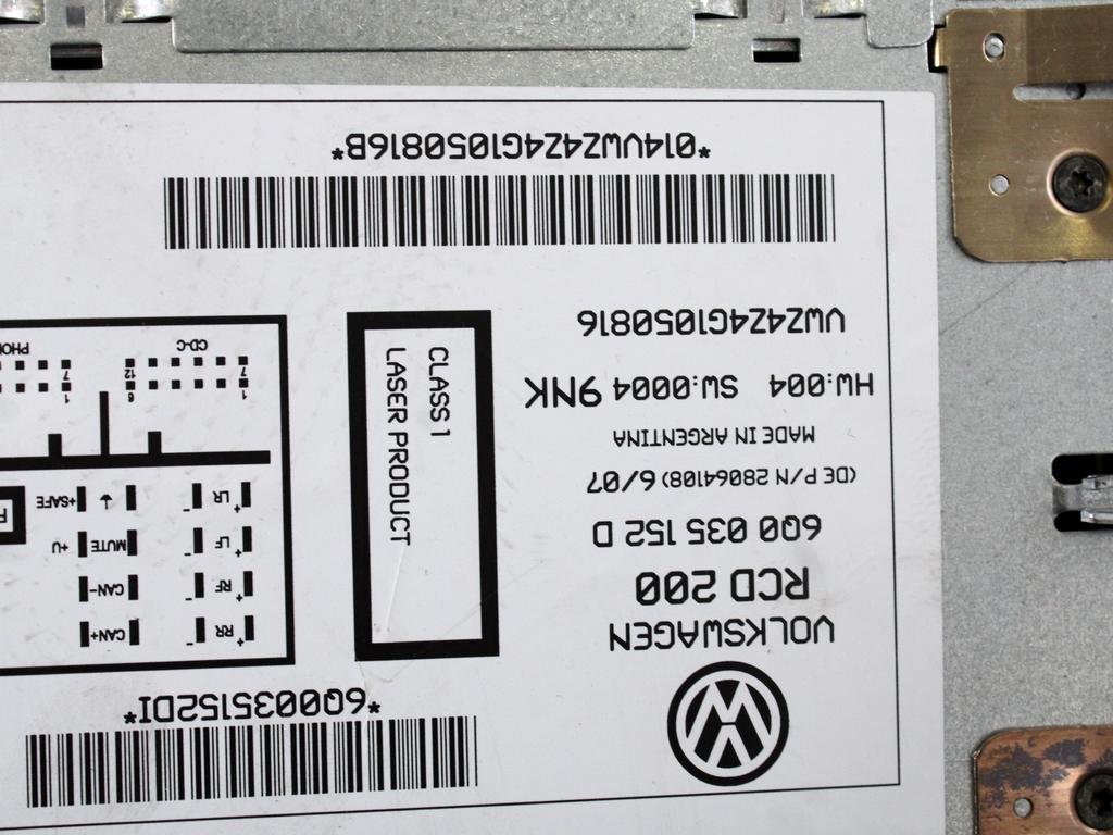 RADIO CD / OJACEVALNIK / IMETNIK HIFI OEM N. 6Q0035152D ORIGINAL REZERVNI DEL VOLKSWAGEN POLO 9N R (2005 - 10/2009) DIESEL LETNIK 2007