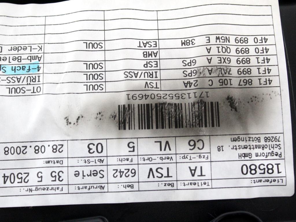 NOTRANJA OBLOGA SPREDNJIH VRAT OEM N. PNASPADA6C6RSW5P ORIGINAL REZERVNI DEL AUDI A6 C6 R 4F2 4FH 4F5 BER/SW/ALLROAD (10/2008 - 2011) DIESEL LETNIK 2009