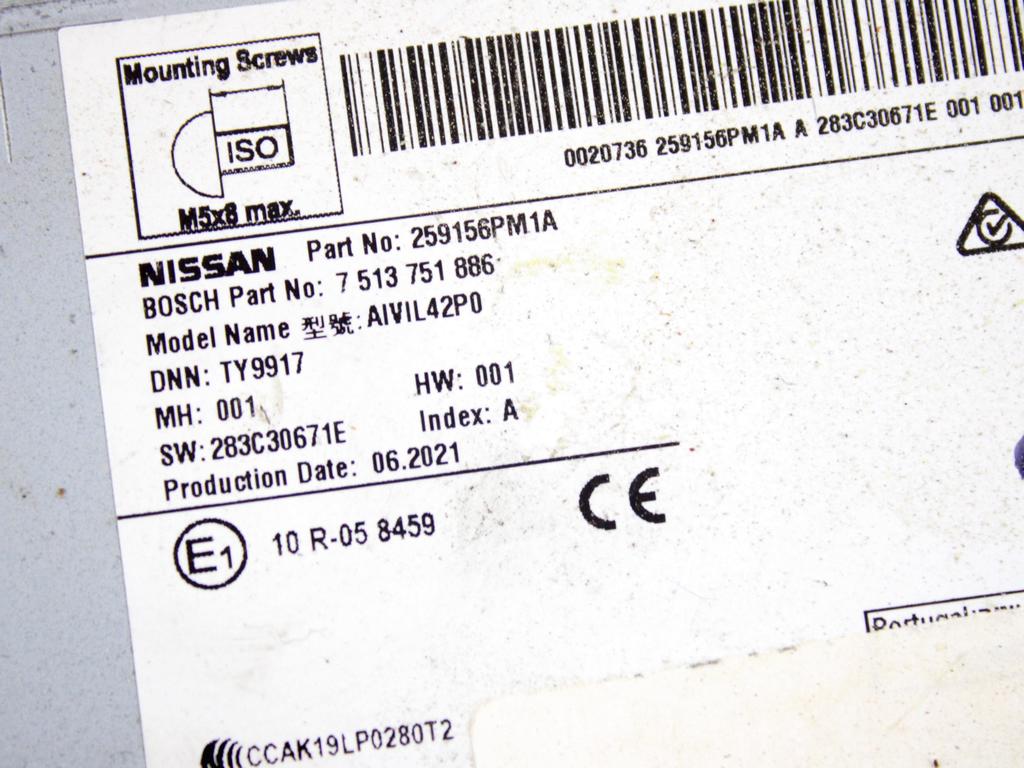 RADIO CD / OJACEVALNIK / IMETNIK HIFI OEM N. 259156PM1A ORIGINAL REZERVNI DEL NISSAN JUKE F16 (DAL 2019)BENZINA LETNIK 2021