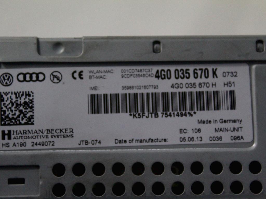 RADIO CD / OJACEVALNIK / IMETNIK HIFI OEM N. 4G0035670K ORIGINAL REZERVNI DEL AUDI A6 C7 BER/SW/ALLROAD (2011 - 2018)DIESEL LETNIK 2013