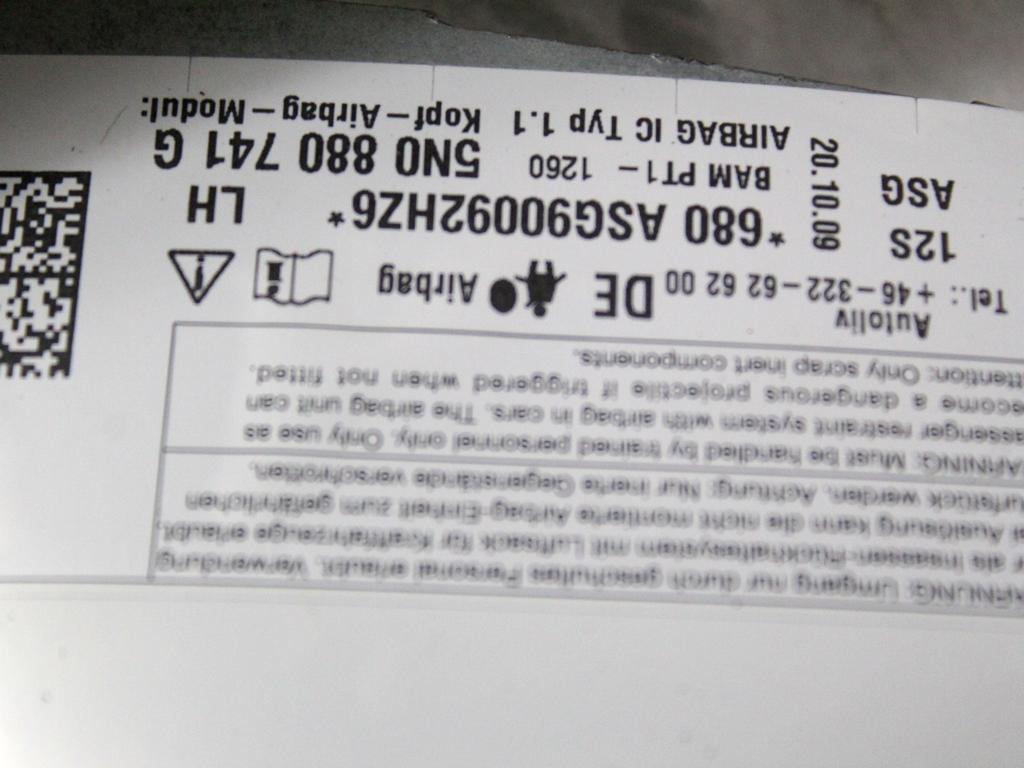 ZRACNA BLAZINA GLAVA LEVA OEM N. 5N0880741G ORIGINAL REZERVNI DEL VOLKSWAGEN TIGUAN 5N MK1 (2007 - 2011)DIESEL LETNIK 2009