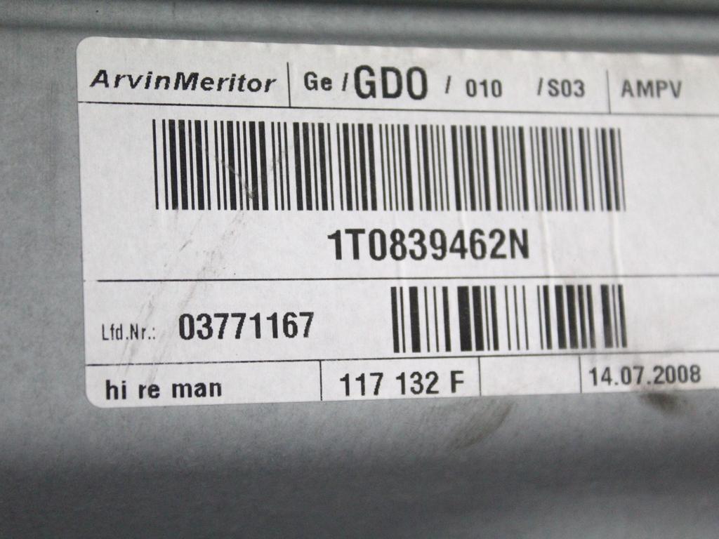 1T0839462N MECCANISMO ALZA-VETRO ALZA-CRISTALLO PORTA POSTERIORE DESTRA MANUALE VOLKSWAGEN TOURAN 2.0 M 80KW 5M 5P (2008) RICAMBIO USATO