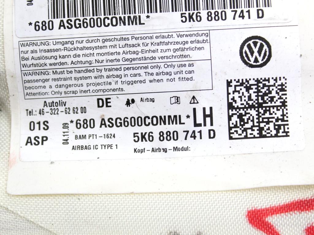 5K6880741D AIRBAG LATERALE A TENDINA LATO SINISTRO VOLKSWAGEN GOLF 6 1.6 D 77KW AUT 5P (2009) RICAMBIO USATO