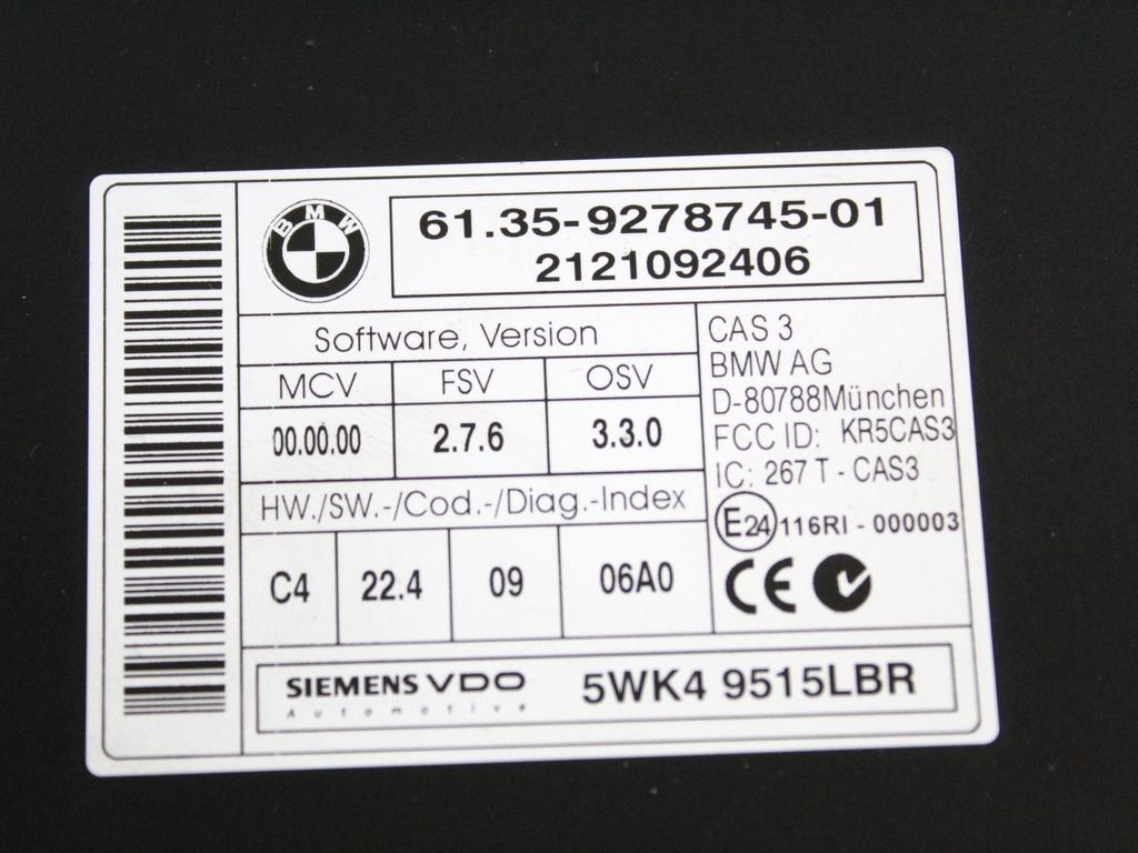 8512499 KIT ACCENSIONE AVVIAMENTO BMW X1 E84 18D 2.0 D 105KW 6M 5P (2012) RICAMBIO USATO CON CENTRALINA INIEZIONE MOTORE, BLOCCHETTO ACCENSIONE CON CHIAVE 0281017551 9194399 61359278745