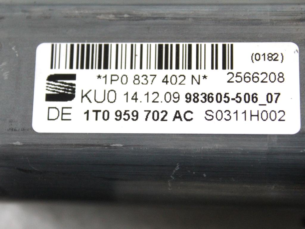 1P0837462A MOTORINO MECCANISMO ALZA-VETRO ALZA-CRISTALLO PORTA ANTERIORE DESTRA SEAT LEON 1.6 G 75KW 5M 5P (2010) RICAMBIO USATO 1P0837402N 1T0959702AC 3C0959792A