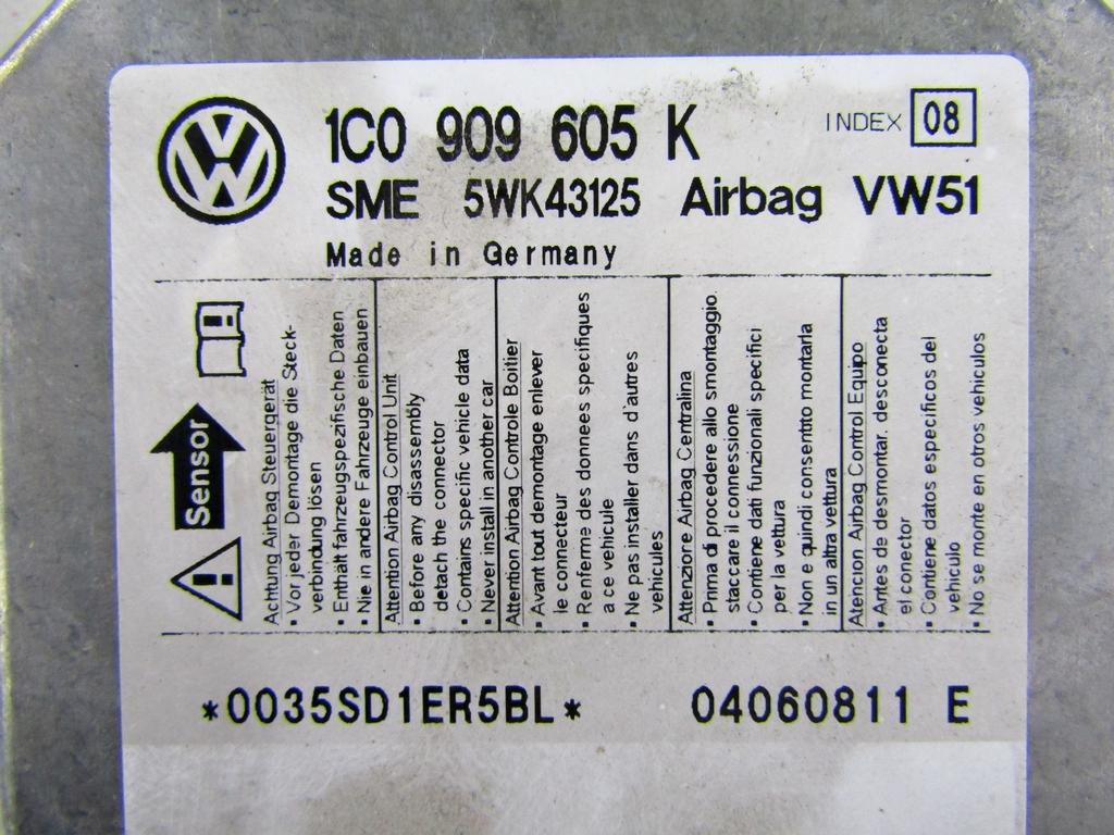 1C0909605K KIT AIRBAG VOLKSWAGEN FOX 1.4 D 51KW 5M 3P (2007) RICAMBIO USATO CON CENTRALINA AIRBAG, AIRBAG VOLANTE, AIRBAG PASSEGGERO, PRETENSIONATORI CINTURE DI SICUREZZA, CRUSCOTTO 5Z0880204 1T0880201A 5Z0857003C