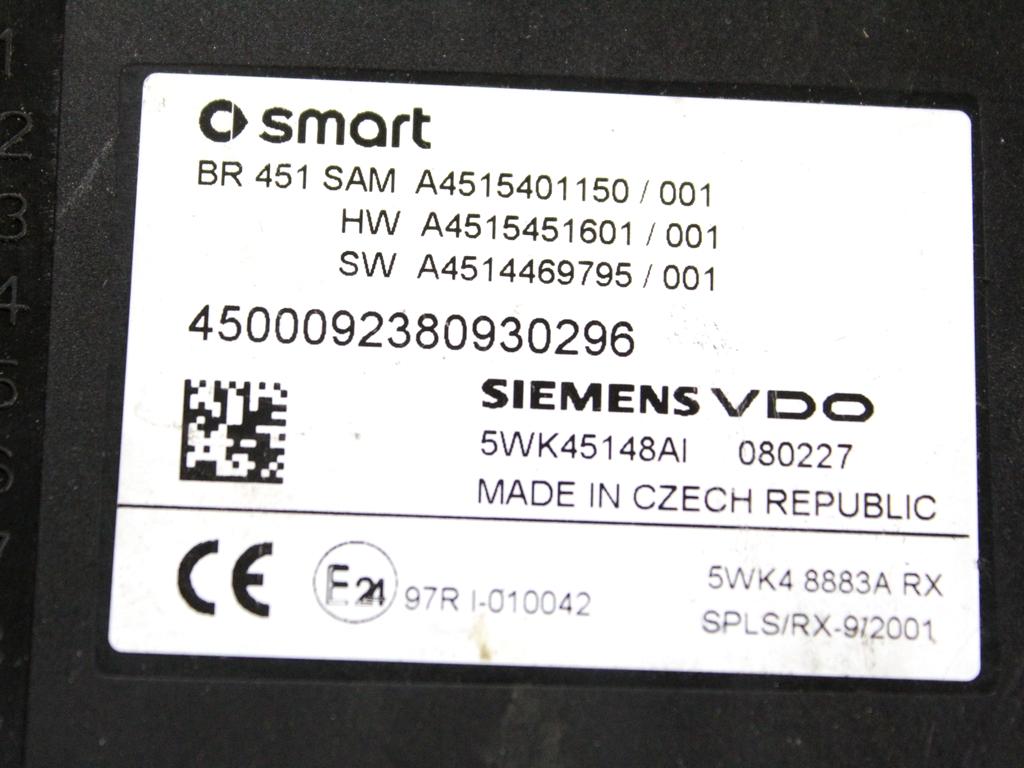 A1321501579 KIT ACCENSIONE AVVIAMENTO SMART FORTWO 1.0 B 52KW AUT 3P (2008) RICAMBIO USATO CON CENTRALINA MOTORE, QUADRO STRUMENTI, BLOCCHETTI ACCENSIONE APERTURA CON CHIAVE 0261S04308 A4515401150 A4518201597 A4515403647