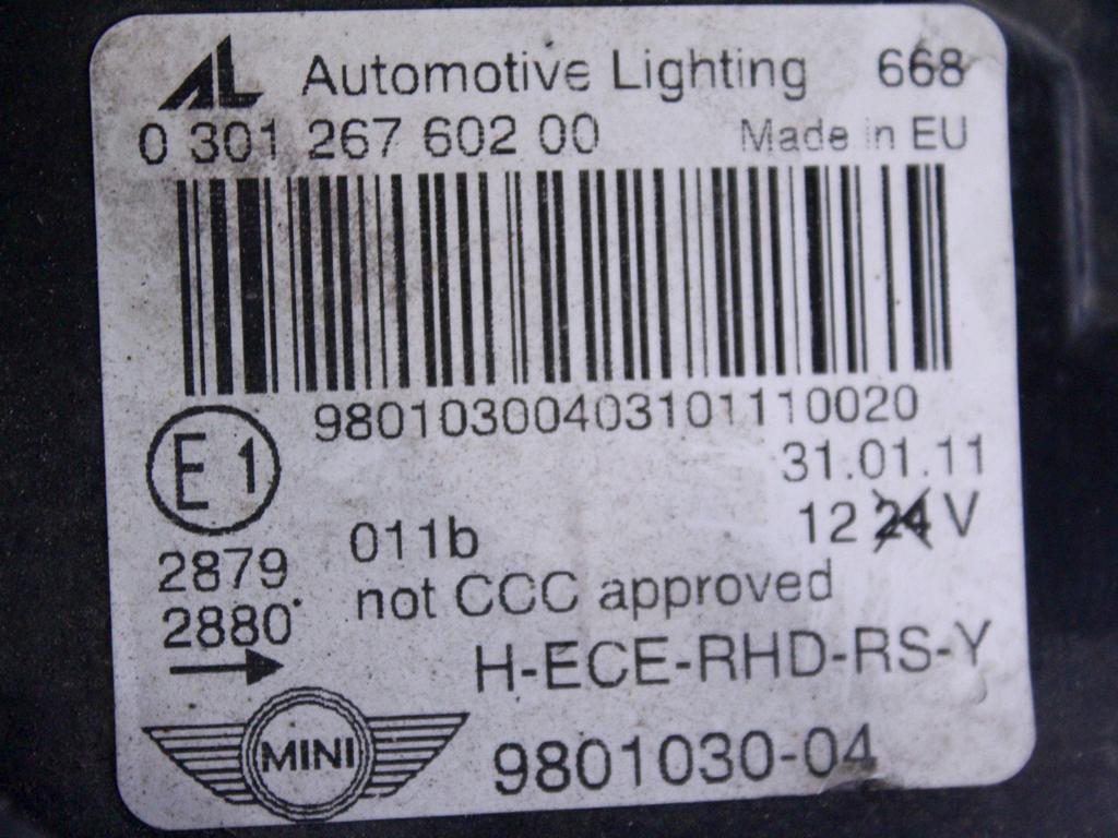 63129801030 FARO FANALE ANTERIORE DESTRO PER VEICOLI CON GUIDA A DESTRA MINI COUNTRYMAN R60 D 1.6 D 4X4 82KW 6M 5P (2011) RICAMBIO USATO SUPPORTO DANNEGGIATO 0301267602