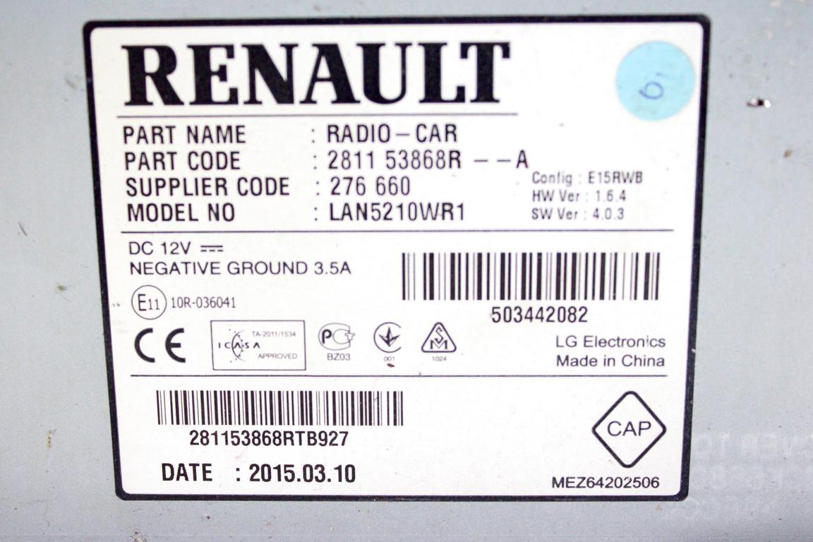 281153868R AUTORADIO SISTEMA DI NAVIGAZIONE SATELLITARE RENAULT CLIO 1.2 G 54KW 5M 5P (2015) RICAMBIO USATO (NON FORNIAMO CODICE AUTORADIO, MA SOLO NUMERO DI TELAIO VEICOLO)