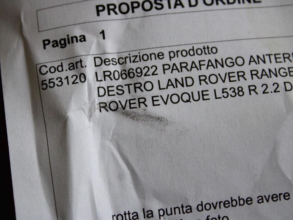 LR066922 PARAFANGO ANTERIORE DESTRO LAND ROVER RANGE ROVER EVOQUE L538 2.2 D 4X4 110KW AUT 5P (2013) RICAMBIO USATO LEGGERMENTE DANNEGGIATO