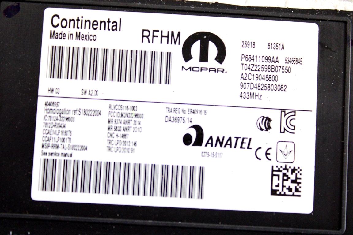 68412041AA KIT ACCENSIONE AVVIAMENTO JEEP COMPASS 2.0 D 4X4 103KW AUT 5P (2018) RICAMBIO USATO CON CENTRALINA MOTORE, BLOCCHETTO APERTURA CON CHIAVE 68409791AC 68411099AA 52088433